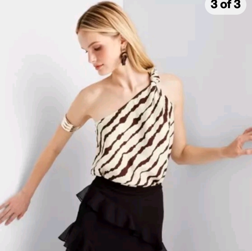 Women's Brown & White Off the Shoulder  Blouse - Future Collective  - Size XL